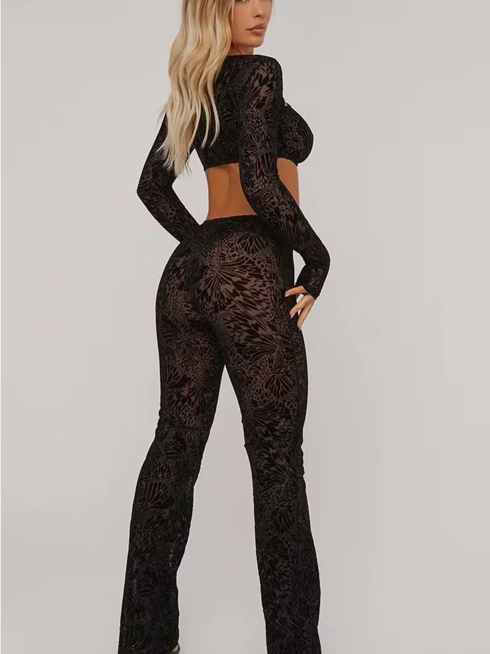 Fashion Nova Black Sheer Lace Cutout Two-Piece Set - Picture 3 of 9